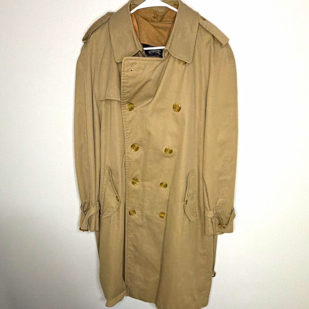 Burberrys Mens Beige Double Breasted Trench Coat Belted Wool Lined Long Size 44